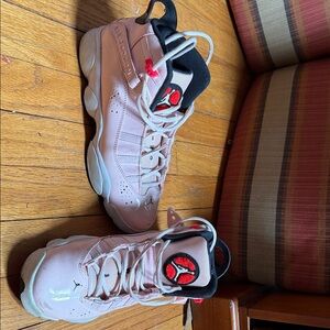 Jordan Kids Pink and Black High-Top Sneakers with Red Accents